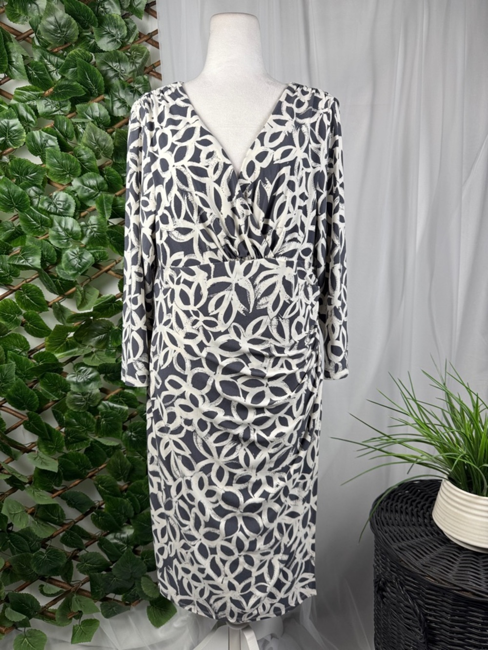 Ralph Lauren Black Dress with Cream Loop Print, Long Sleeve Midi